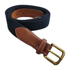 L.L. Bean Golf Belt Men 42 Brown Leather Navy Canvas Brass Buckle Made In‎ USA